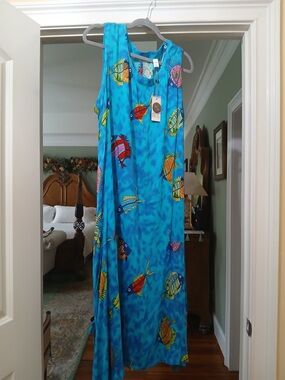 Kaktus Turquoise Maxi Dress with Multicolor Fish Motif